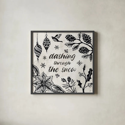 Woodcut Christmas VII by Daphne Brissonnet. Shown in a sleek black glass frame for a contemporary gallery look. Available as an archival giclee rolled canvas, fine art paper, or poster print. SKU 69686a.