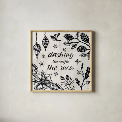 Woodcut Christmas VII by Daphne Brissonnet. Shown in a natural wood glass frame for a timeless modern aesthetic. Available as an archival giclee rolled canvas, fine art paper, or poster print. SKU 69686a.