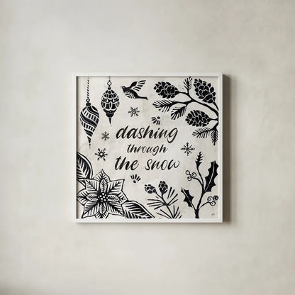 Woodcut Christmas VII by Daphne Brissonnet. Shown in a crisp white glass frame for a clean and minimalist style. Available as an archival giclee rolled canvas, fine art paper, or poster print. SKU 69686a.