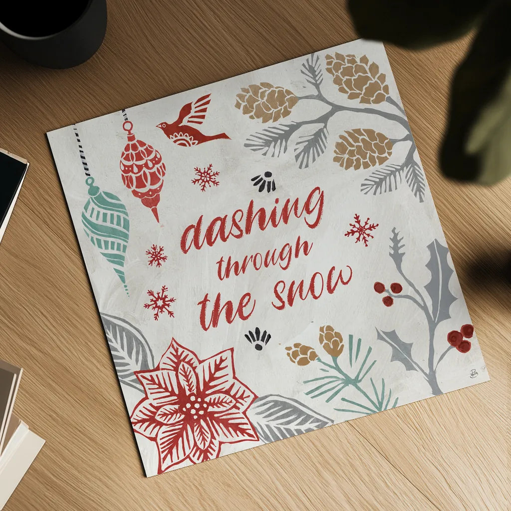 Woodcut Christmas VII Color by Daphne Brissonnet. Shown as a detailed flat fine art print, highlighting archival giclee quality. Available as an archival giclee rolled canvas, fine art paper, or poster print. SKU 69698a.