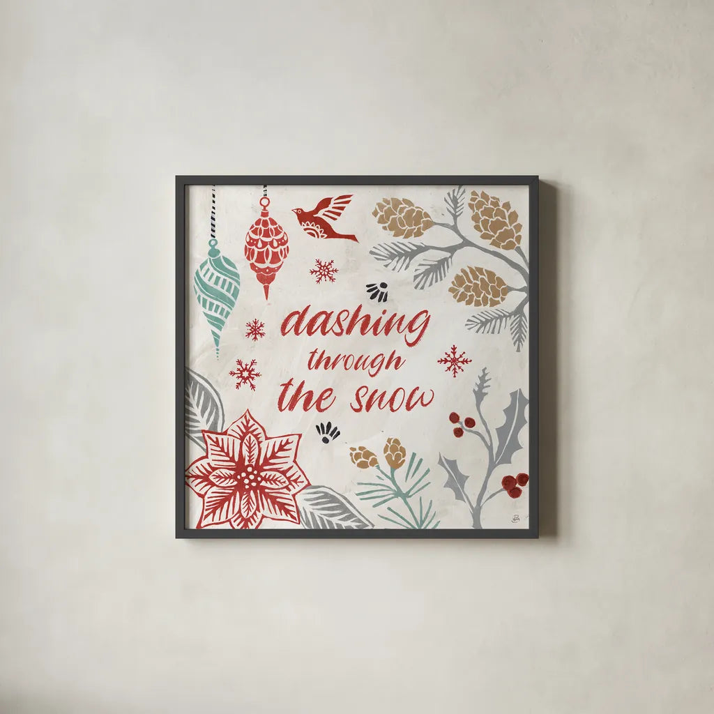 Woodcut Christmas VII Color by Daphne Brissonnet. Shown in a sleek black glass frame for a contemporary gallery look. Available as an archival giclee rolled canvas, fine art paper, or poster print. SKU 69698a.