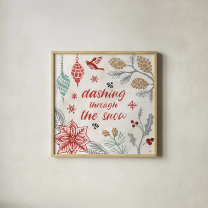 Woodcut Christmas VII Color by Daphne Brissonnet. Shown in a natural wood glass frame for a timeless modern aesthetic. Available as an archival giclee rolled canvas, fine art paper, or poster print. SKU 69698a.