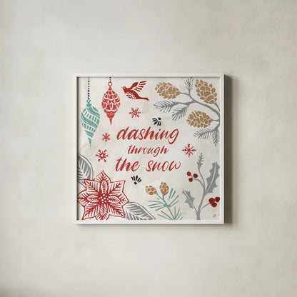 Woodcut Christmas VII Color by Daphne Brissonnet. Shown in a crisp white glass frame for a clean and minimalist style. Available as an archival giclee rolled canvas, fine art paper, or poster print. SKU 69698a.