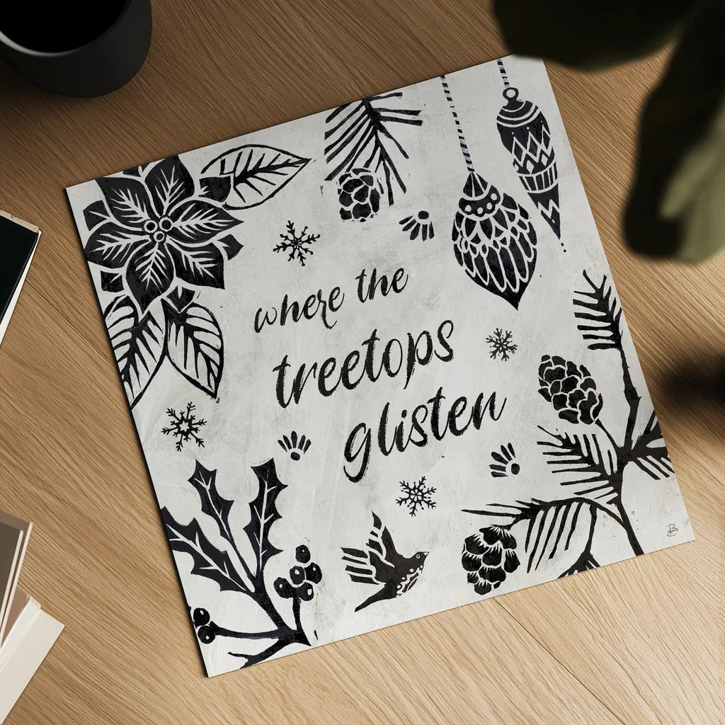 Woodcut Christmas VIII by Daphne Brissonnet. Shown as a detailed flat fine art print, highlighting archival giclee quality. Available as an archival giclee rolled canvas, fine art paper, or poster print. SKU 69687a.