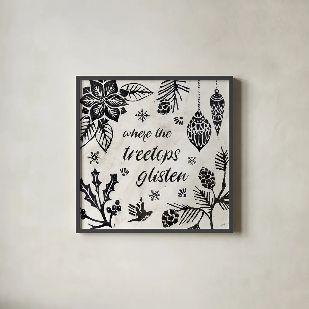 Woodcut Christmas VIII by Daphne Brissonnet. Shown in a sleek black glass frame for a contemporary gallery look. Available as an archival giclee rolled canvas, fine art paper, or poster print. SKU 69687a.