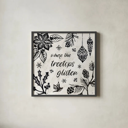 Woodcut Christmas VIII by Daphne Brissonnet. Shown in a sleek black glass frame for a contemporary gallery look. Available as an archival giclee rolled canvas, fine art paper, or poster print. SKU 69687a.