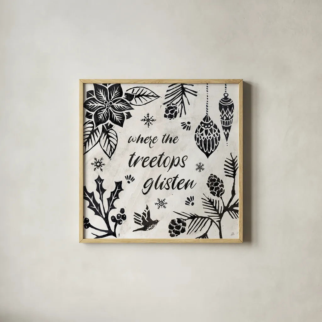 Woodcut Christmas VIII by Daphne Brissonnet. Shown in a natural wood glass frame for a timeless modern aesthetic. Available as an archival giclee rolled canvas, fine art paper, or poster print. SKU 69687a.