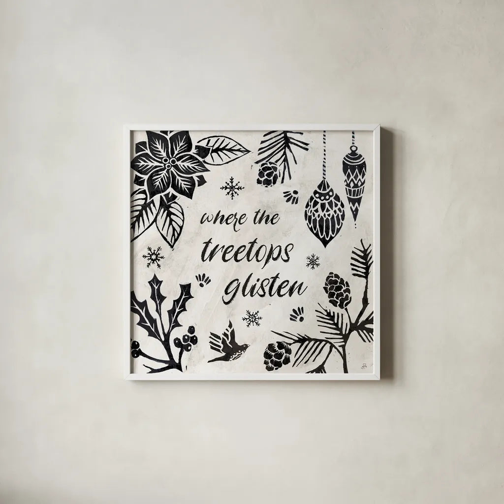 Woodcut Christmas VIII by Daphne Brissonnet. Shown in a crisp white glass frame for a clean and minimalist style. Available as an archival giclee rolled canvas, fine art paper, or poster print. SKU 69687a.