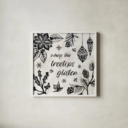 Woodcut Christmas VIII by Daphne Brissonnet. Shown in a crisp white glass frame for a clean and minimalist style. Available as an archival giclee rolled canvas, fine art paper, or poster print. SKU 69687a.