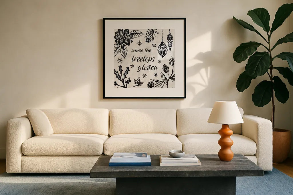 Woodcut Christmas VIII by Daphne Brissonnet. Displayed in a glass frame with matte in a clean modern living room. Available as an archival giclee rolled canvas, fine art paper, or poster print. SKU 69687a.