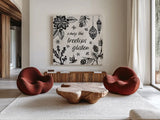 Woodcut Christmas VIII by Daphne Brissonnet. Shown as extra-large giant wall art in a modern living room. Available as an archival giclee rolled canvas, fine art paper, or poster print. SKU 69687a.