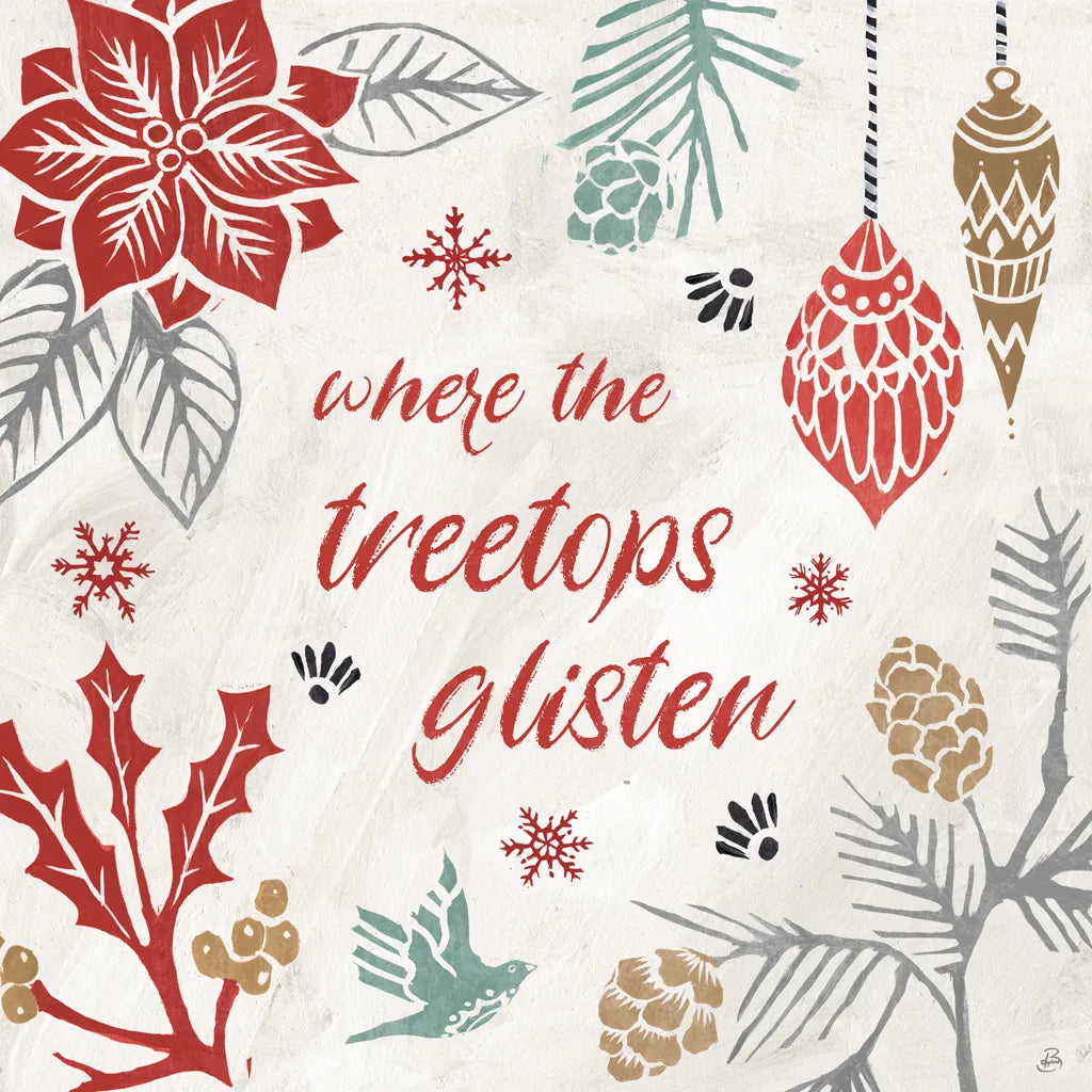 Woodcut Christmas VIII Color by Daphne Brissonnet. SKU 69699a. Archival Giclee Fine art print for wall decor.