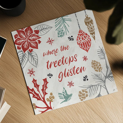 Woodcut Christmas VIII Color by Daphne Brissonnet. Shown as a detailed flat fine art print, highlighting archival giclee quality. Available as an archival giclee rolled canvas, fine art paper, or poster print. SKU 69699a.