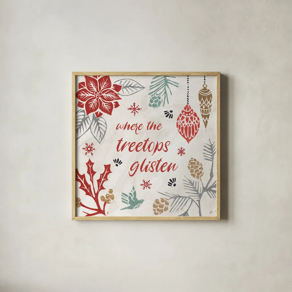 Woodcut Christmas VIII Color by Daphne Brissonnet. Shown in a natural wood glass frame for a timeless modern aesthetic. Available as an archival giclee rolled canvas, fine art paper, or poster print. SKU 69699a.