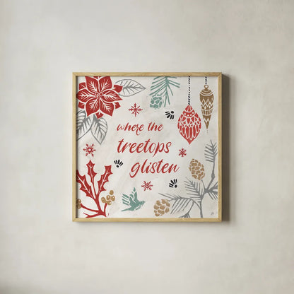 Woodcut Christmas VIII Color by Daphne Brissonnet. Shown in a natural wood glass frame for a timeless modern aesthetic. Available as an archival giclee rolled canvas, fine art paper, or poster print. SKU 69699a.