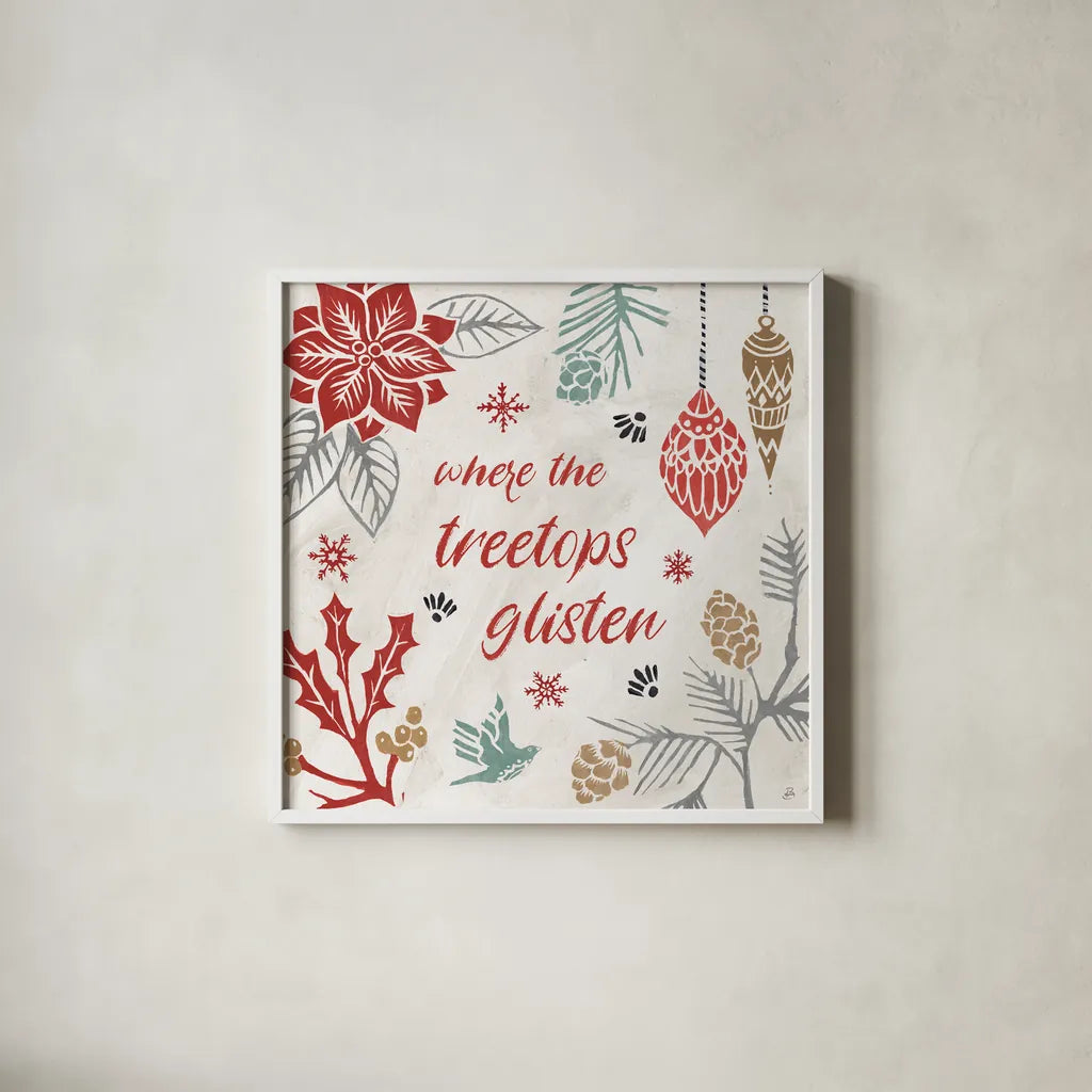 Woodcut Christmas VIII Color by Daphne Brissonnet. Shown in a crisp white glass frame for a clean and minimalist style. Available as an archival giclee rolled canvas, fine art paper, or poster print. SKU 69699a.