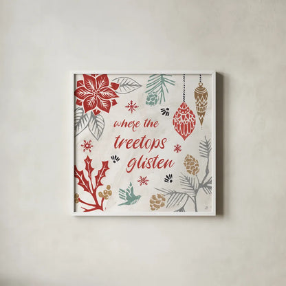 Woodcut Christmas VIII Color by Daphne Brissonnet. Shown in a crisp white glass frame for a clean and minimalist style. Available as an archival giclee rolled canvas, fine art paper, or poster print. SKU 69699a.