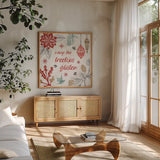 Woodcut Christmas VIII Color by Daphne Brissonnet. Shown in a natural wood frame in a cozy modern living room. Available as an archival giclee rolled canvas, fine art paper, or poster print. SKU 69699a.