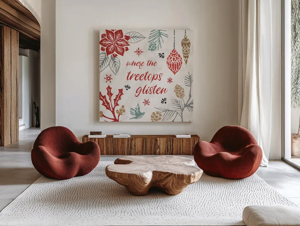 Woodcut Christmas VIII Color by Daphne Brissonnet. Shown as extra-large giant wall art in a modern living room. Available as an archival giclee rolled canvas, fine art paper, or poster print. SKU 69699a.