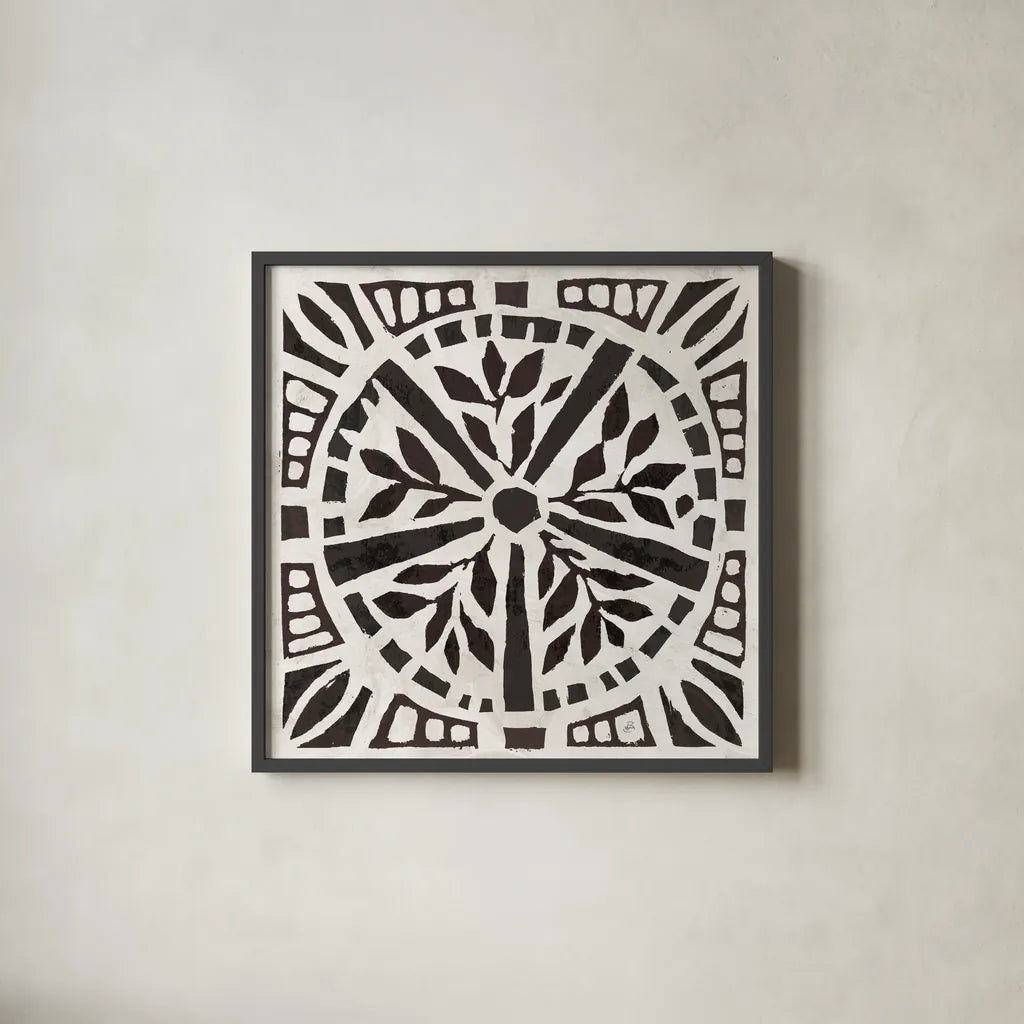 Woodcut Christmas X by Daphne Brissonnet. Shown in a sleek black glass frame for a contemporary gallery look. Available as an archival giclee rolled canvas, fine art paper, or poster print. SKU 69689a.