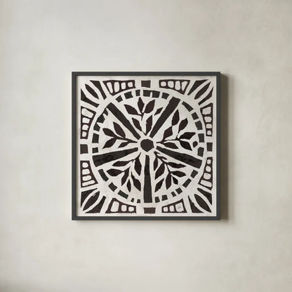 Woodcut Christmas X by Daphne Brissonnet. Shown in a sleek black glass frame for a contemporary gallery look. Available as an archival giclee rolled canvas, fine art paper, or poster print. SKU 69689a.