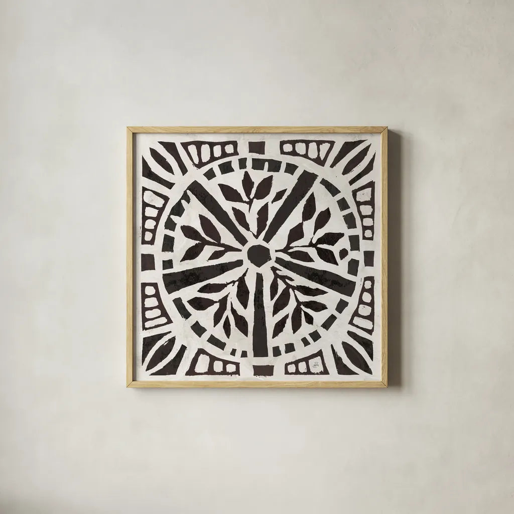 Woodcut Christmas X by Daphne Brissonnet. Shown in a natural wood glass frame for a timeless modern aesthetic. Available as an archival giclee rolled canvas, fine art paper, or poster print. SKU 69689a.