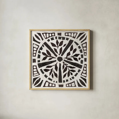 Woodcut Christmas X by Daphne Brissonnet. Shown in a natural wood glass frame for a timeless modern aesthetic. Available as an archival giclee rolled canvas, fine art paper, or poster print. SKU 69689a.