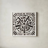 Woodcut Christmas X by Daphne Brissonnet. Shown in a crisp white glass frame for a clean and minimalist style. Available as an archival giclee rolled canvas, fine art paper, or poster print. SKU 69689a.