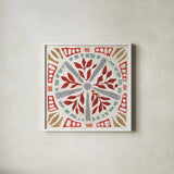 Woodcut Christmas X Color by Daphne Brissonnet. Shown in a crisp white glass frame for a clean and minimalist style. Available as an archival giclee rolled canvas, fine art paper, or poster print. SKU 69701a.