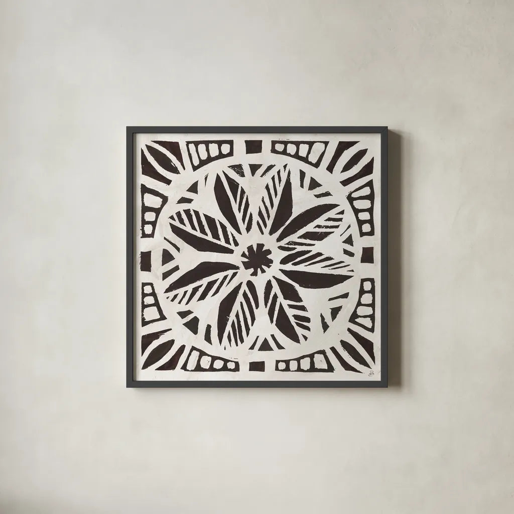 Woodcut Christmas XI by Daphne Brissonnet. Shown in a sleek black glass frame for a contemporary gallery look. Available as an archival giclee rolled canvas, fine art paper, or poster print. SKU 69690a.