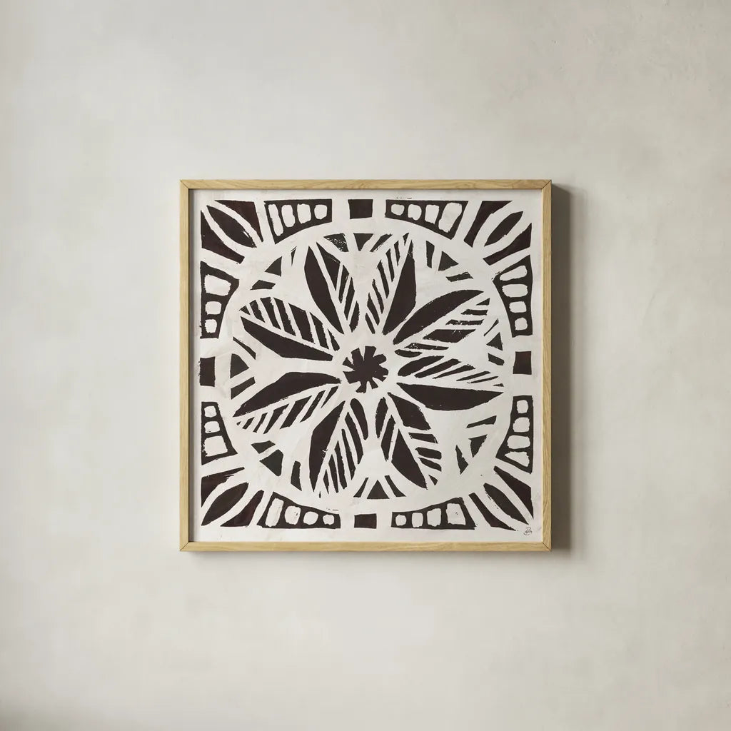 Woodcut Christmas XI by Daphne Brissonnet. Shown in a natural wood glass frame for a timeless modern aesthetic. Available as an archival giclee rolled canvas, fine art paper, or poster print. SKU 69690a.