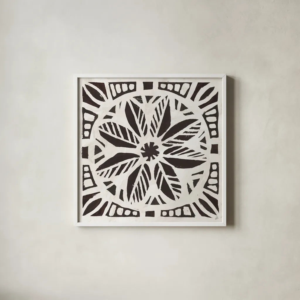 Woodcut Christmas XI by Daphne Brissonnet. Shown in a crisp white glass frame for a clean and minimalist style. Available as an archival giclee rolled canvas, fine art paper, or poster print. SKU 69690a.