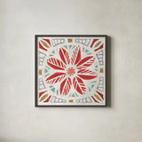 Woodcut Christmas XI Color by Daphne Brissonnet. Shown in a sleek black glass frame for a contemporary gallery look. Available as an archival giclee rolled canvas, fine art paper, or poster print. SKU 69702a.