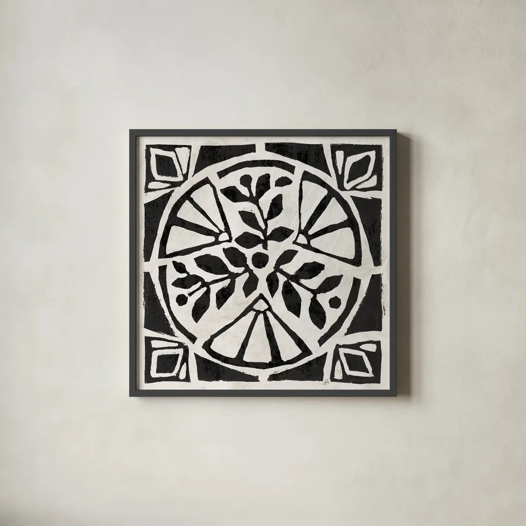 Woodcut Christmas XII by Daphne Brissonnet. Shown in a sleek black glass frame for a contemporary gallery look. Available as an archival giclee rolled canvas, fine art paper, or poster print. SKU 69691a.