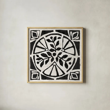 Woodcut Christmas XII by Daphne Brissonnet. Shown in a natural wood glass frame for a timeless modern aesthetic. Available as an archival giclee rolled canvas, fine art paper, or poster print. SKU 69691a.