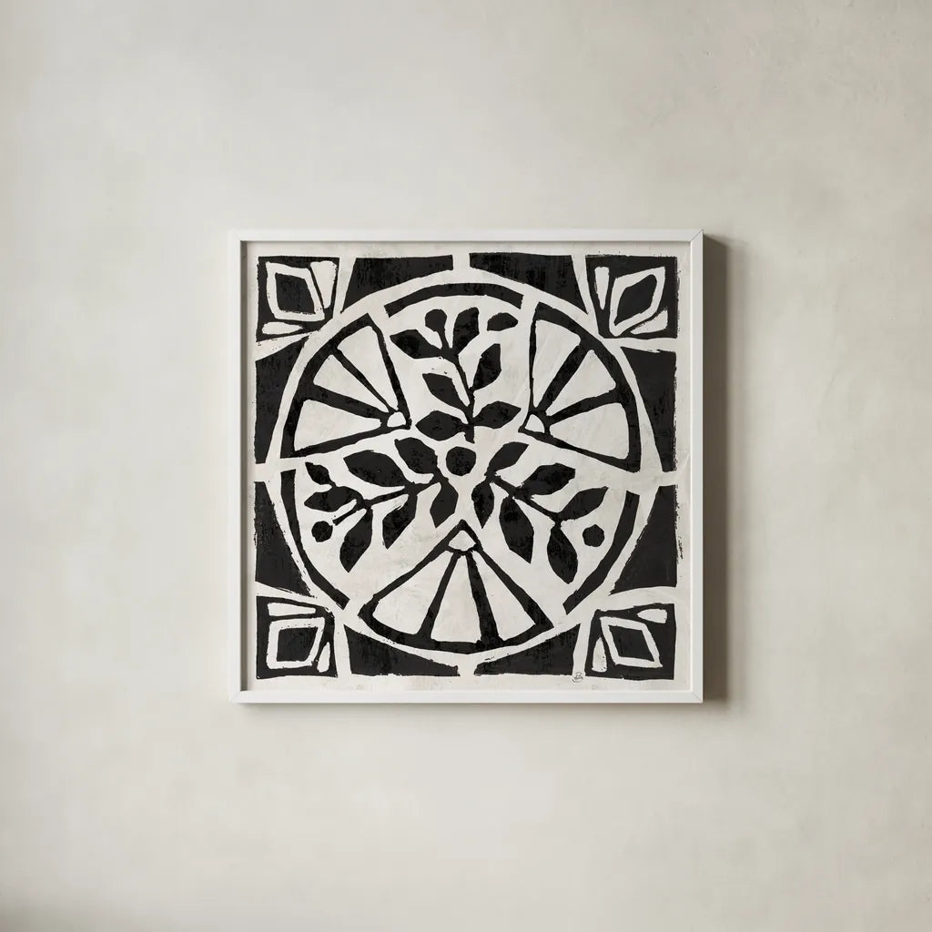 Woodcut Christmas XII by Daphne Brissonnet. Shown in a crisp white glass frame for a clean and minimalist style. Available as an archival giclee rolled canvas, fine art paper, or poster print. SKU 69691a.