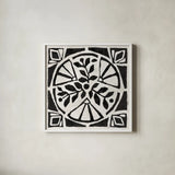 Woodcut Christmas XII by Daphne Brissonnet. Shown in a crisp white glass frame for a clean and minimalist style. Available as an archival giclee rolled canvas, fine art paper, or poster print. SKU 69691a.