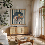 America Balloons IV by David Carter Brown. Shown in a natural wood frame in a cozy modern living room. Available as an archival giclee rolled canvas, fine art paper, or poster print. SKU 98926a.