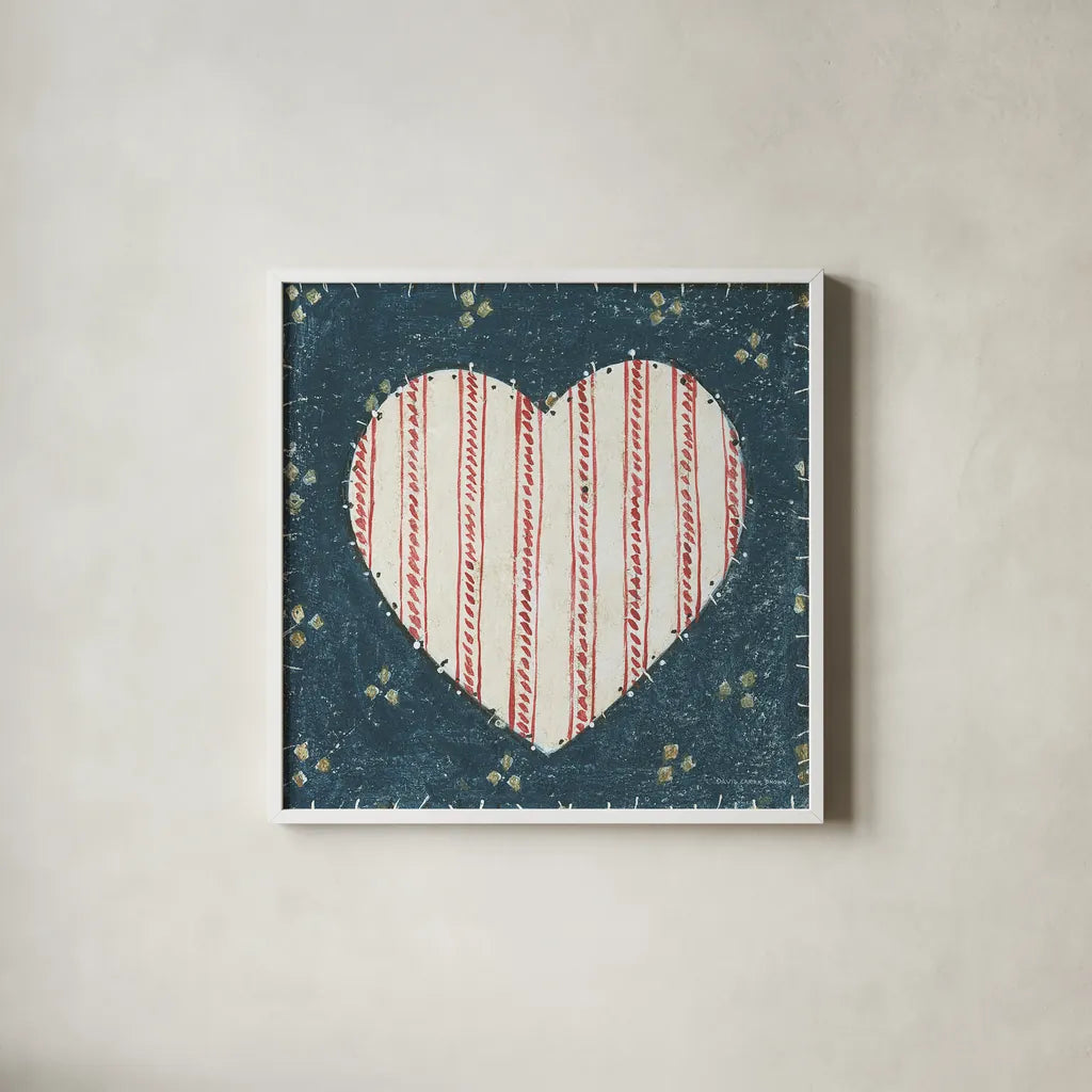 Americana Quilt I by David Carter Brown. Shown in a crisp white glass frame for a clean and minimalist style. Available as an archival giclee rolled canvas, fine art paper, or poster print. SKU 27872a.