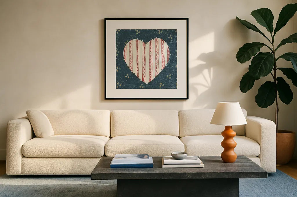 Americana Quilt I by David Carter Brown. Displayed in a glass frame with matte in a clean modern living room. Available as an archival giclee rolled canvas, fine art paper, or poster print. SKU 27872a.