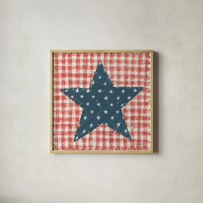 Americana Quilt II by David Carter Brown. Shown in a natural wood glass frame for a timeless modern aesthetic. Available as an archival giclee rolled canvas, fine art paper, or poster print. SKU 27873a.