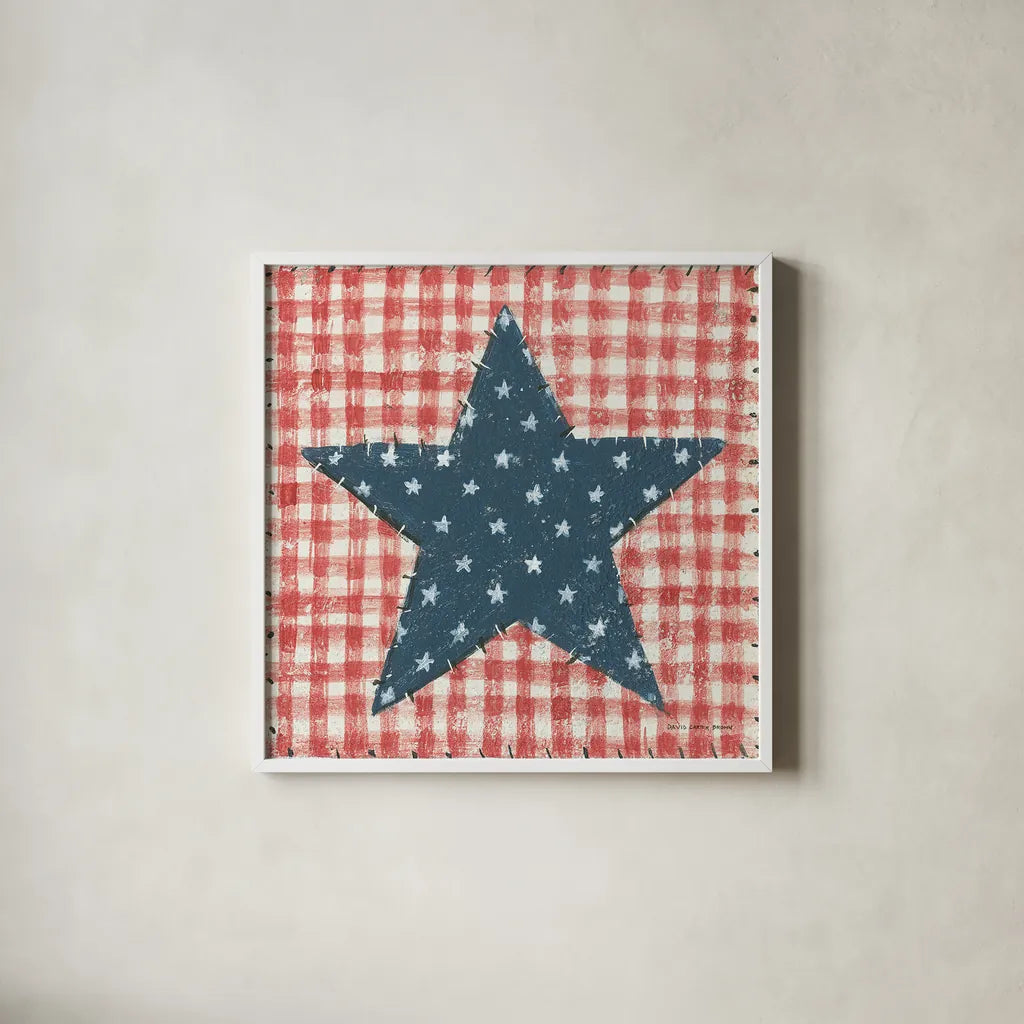 Americana Quilt II by David Carter Brown. Shown in a crisp white glass frame for a clean and minimalist style. Available as an archival giclee rolled canvas, fine art paper, or poster print. SKU 27873a.