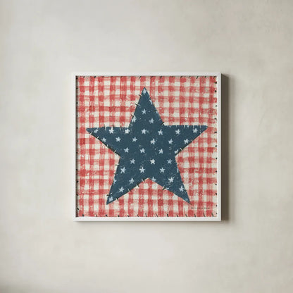 Americana Quilt II by David Carter Brown. Shown in a crisp white glass frame for a clean and minimalist style. Available as an archival giclee rolled canvas, fine art paper, or poster print. SKU 27873a.