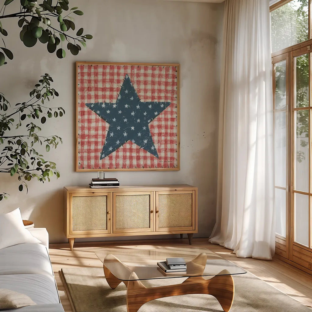 Americana Quilt II by David Carter Brown. Shown in a natural wood frame in a cozy modern living room. Available as an archival giclee rolled canvas, fine art paper, or poster print. SKU 27873a.