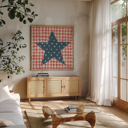 Americana Quilt II by David Carter Brown. Shown in a natural wood frame in a cozy modern living room. Available as an archival giclee rolled canvas, fine art paper, or poster print. SKU 27873a.