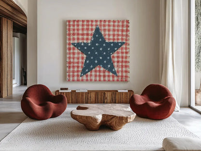 Americana Quilt II by David Carter Brown. Shown as extra-large giant wall art in a modern living room. Available as an archival giclee rolled canvas, fine art paper, or poster print. SKU 27873a.