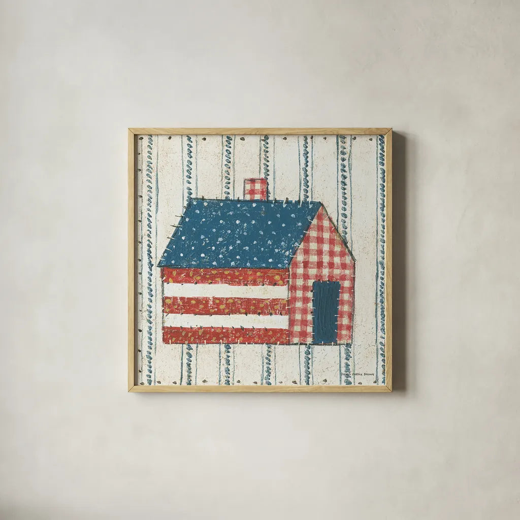 Americana Quilt III by David Carter Brown. Shown in a natural wood glass frame for a timeless modern aesthetic. Available as an archival giclee rolled canvas, fine art paper, or poster print. SKU 27874a.