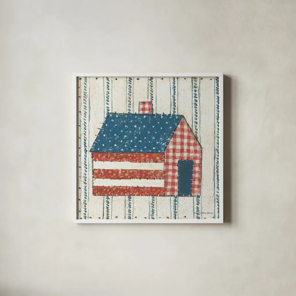 Americana Quilt III by David Carter Brown. Shown in a crisp white glass frame for a clean and minimalist style. Available as an archival giclee rolled canvas, fine art paper, or poster print. SKU 27874a.