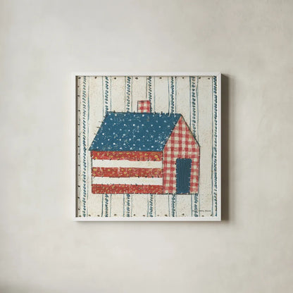 Americana Quilt III by David Carter Brown. Shown in a crisp white glass frame for a clean and minimalist style. Available as an archival giclee rolled canvas, fine art paper, or poster print. SKU 27874a.