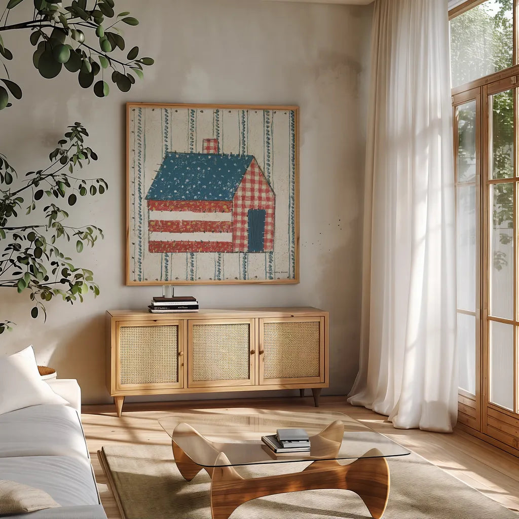 Americana Quilt III by David Carter Brown. Shown in a natural wood frame in a cozy modern living room. Available as an archival giclee rolled canvas, fine art paper, or poster print. SKU 27874a.